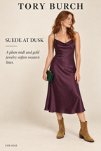 Tory Burch Western Suede Ankle Boots – Rhum – styled editorial look 3: Suede at Dusk