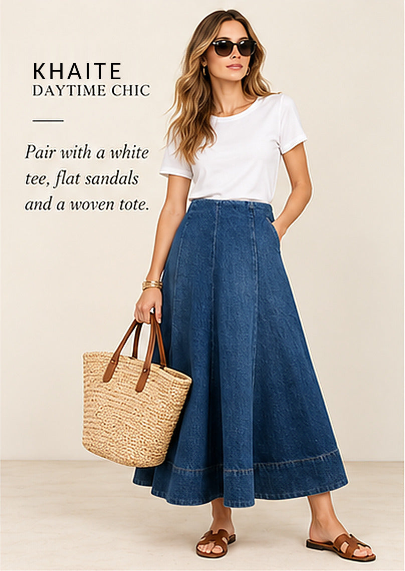 KHAITE Lennox Denim Midi Skirt – Archer – styled editorial look 1