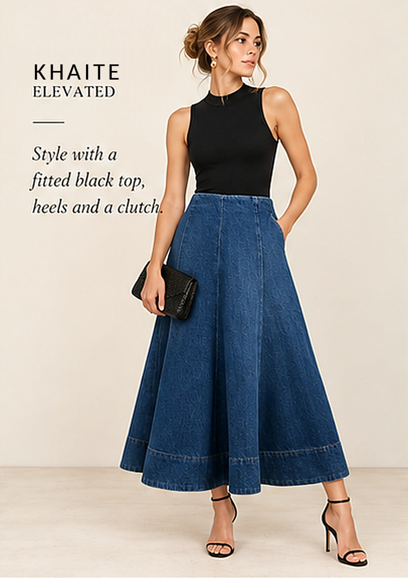 KHAITE Lennox Denim Midi Skirt – Archer – styled editorial look 2