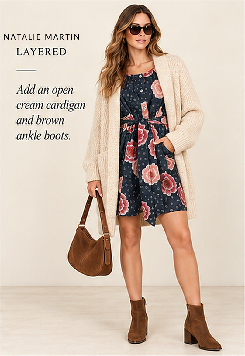 Natalie Martin Alex Short Dress – Poppy Indigo – styled editorial look 3