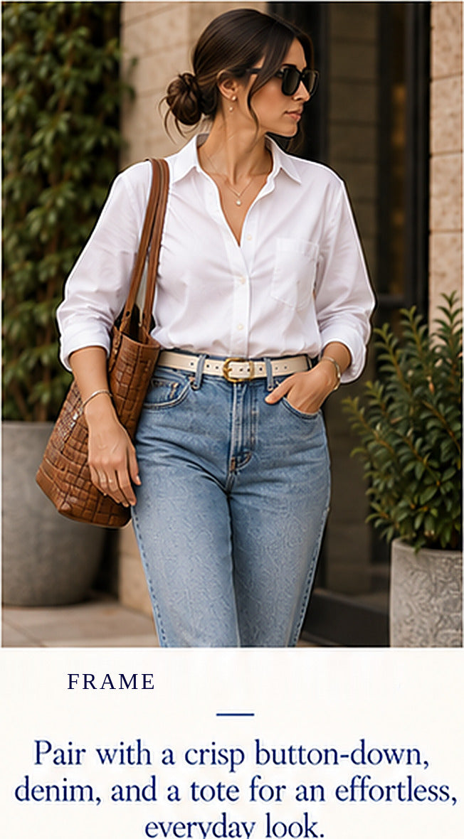 FRAME Twist Buckle Belt – Bone – styled editorial look 1