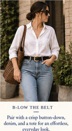 B-Low The Belt Odessa Leather Belt – Black/Gold – styled editorial look 1