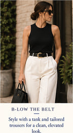 B-Low The Belt Odessa Leather Belt – Black/Gold – styled editorial look 2