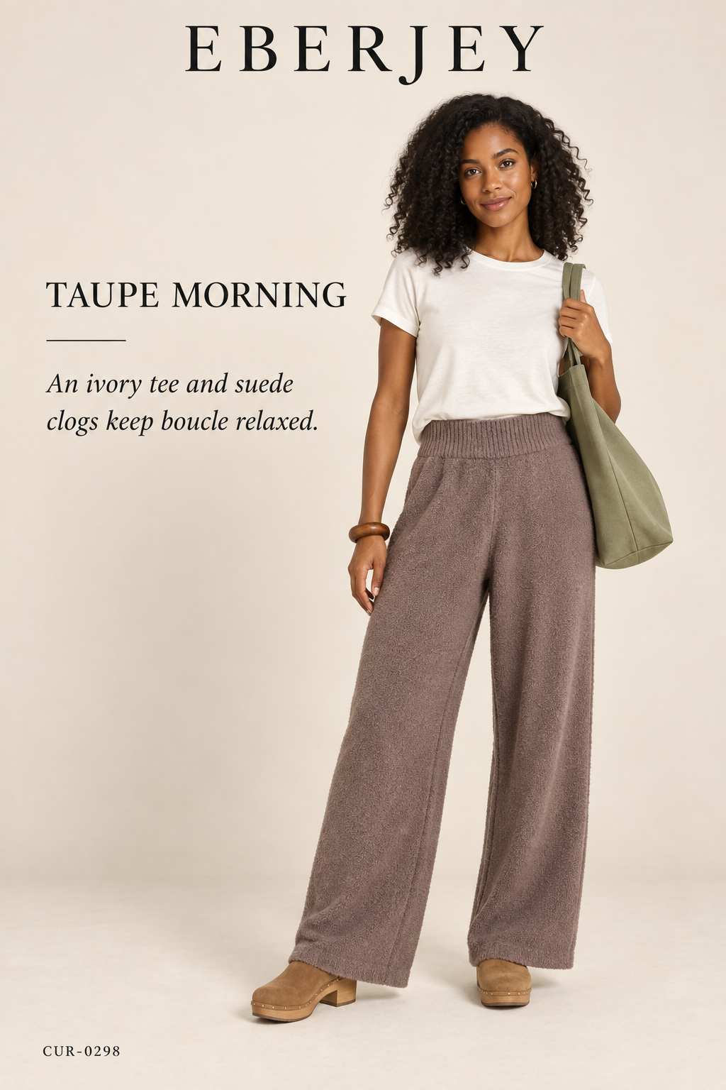 Eberjey Recycled Bouclé Pant – Deep Taupe – styled editorial look 1: Taupe Morning
