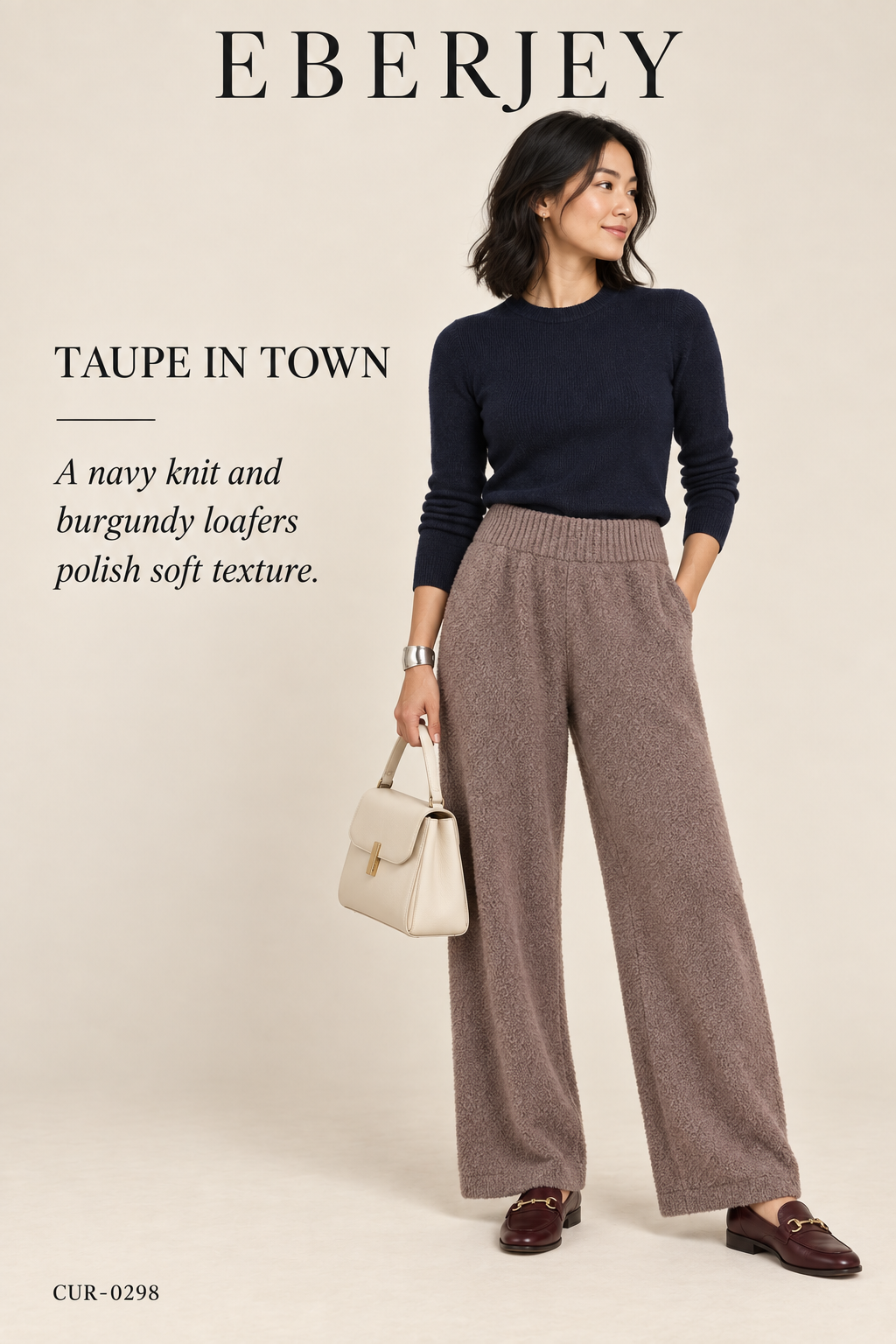 Eberjey Recycled Bouclé Pant – Deep Taupe – styled editorial look 2: Taupe in Town