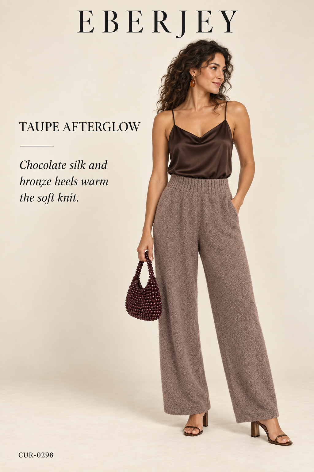 Eberjey Recycled Bouclé Pant – Deep Taupe – styled editorial look 3: Taupe Afterglow