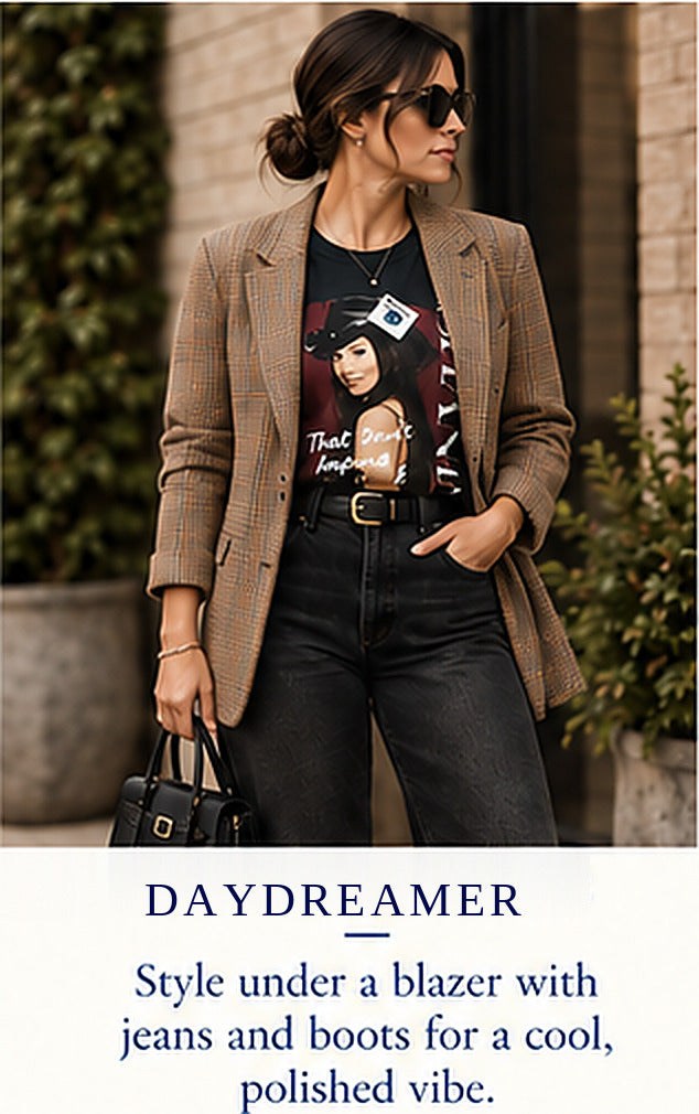 Daydreamer Shania Twain “That Don’t Impress Me Much” Retro Longsleeve Tee – styled editorial look 2