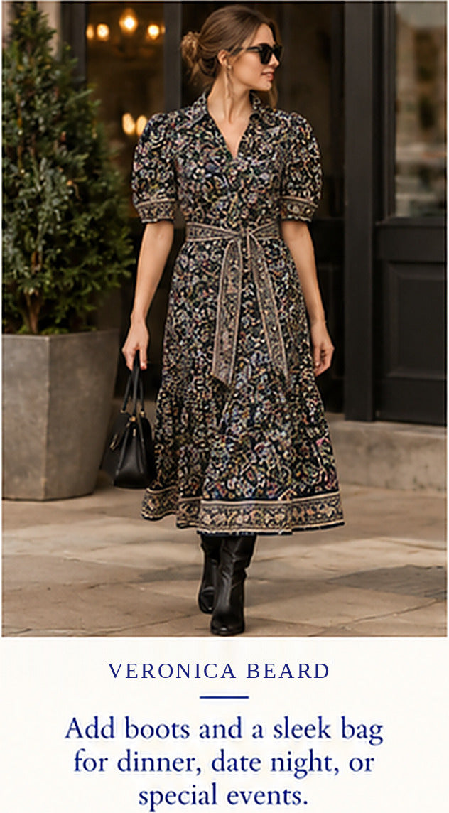 Veronica Beard Eunice Tiered Paisley Dress – styled editorial look 2