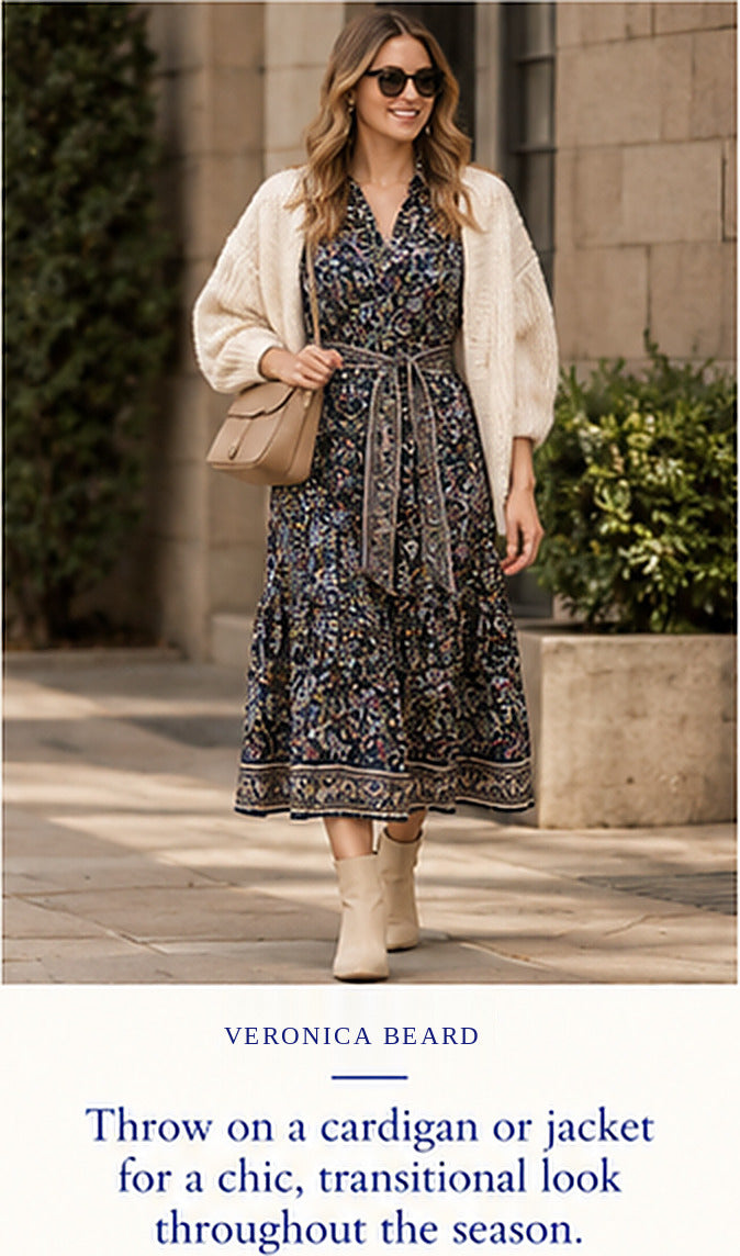 Veronica Beard Eunice Tiered Paisley Dress – styled editorial look 3