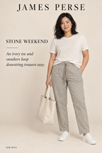 James Perse Standard Drawstring Pant – Stone – styled: Stone Weekend