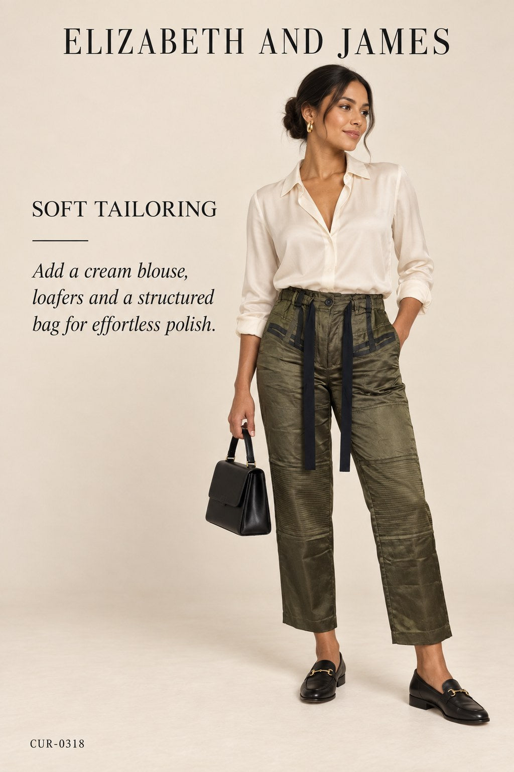 Elizabeth and James Satin Trousers – Olive – styled editorial look 2
