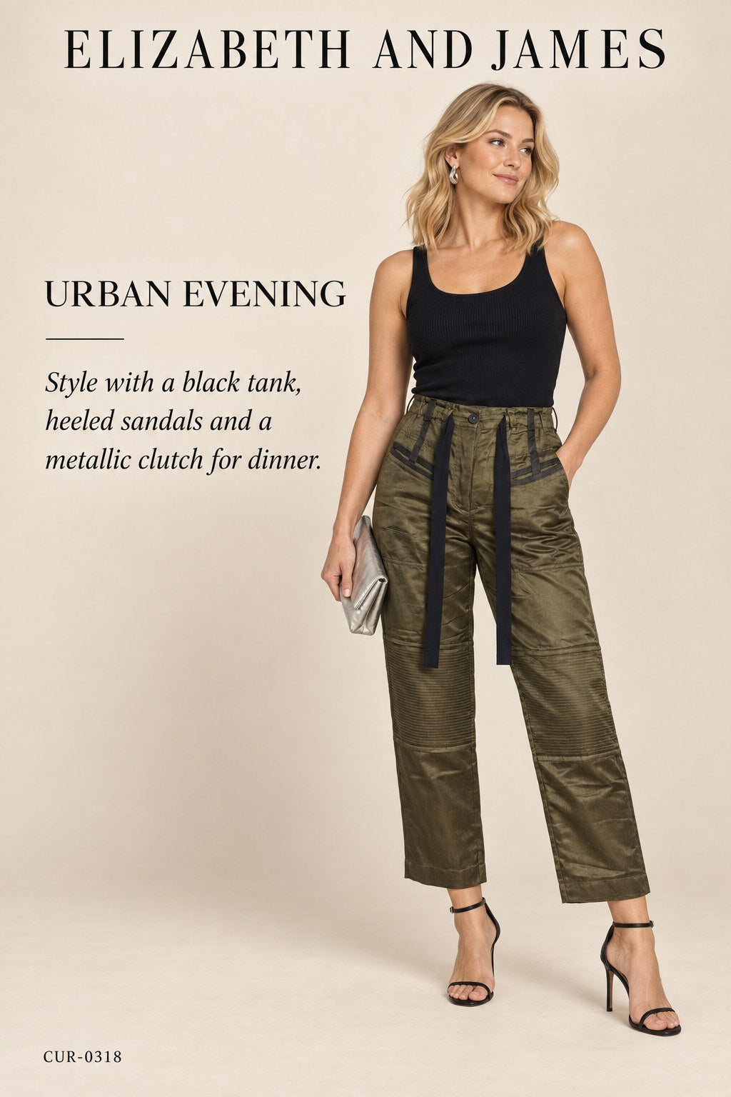 Elizabeth and James Satin Trousers – Olive – styled editorial look 3
