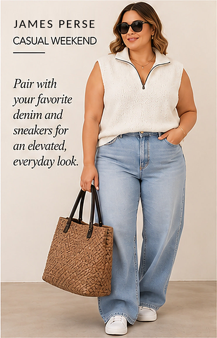 James Perse Sleeveless Half-Zip Sweater – Ivory – styled editorial look 1