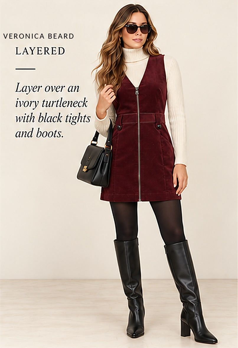 Veronica Beard Orial Corduroy Dress – Bordeaux – styled editorial look 3