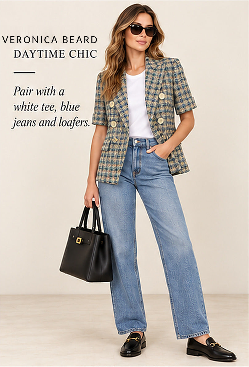 Veronica Beard Short-Sleeve Double-Breasted Tweed Jacket