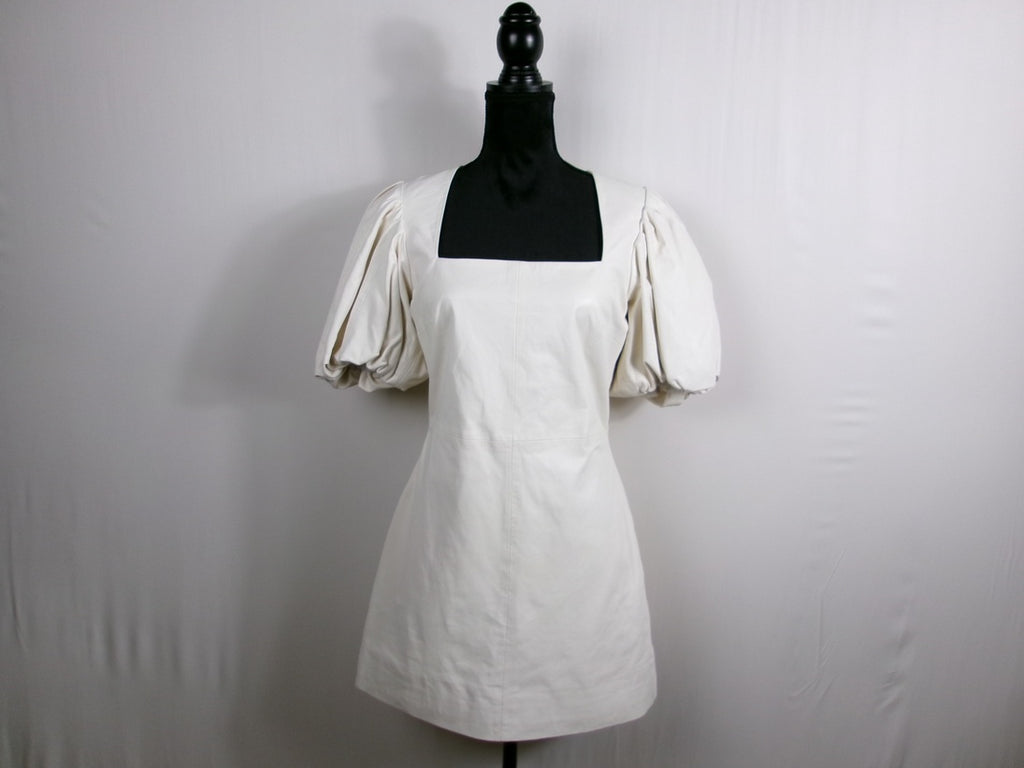 FRAME Nina Puff Sleeve Leather Mini Dress – Bone – front
