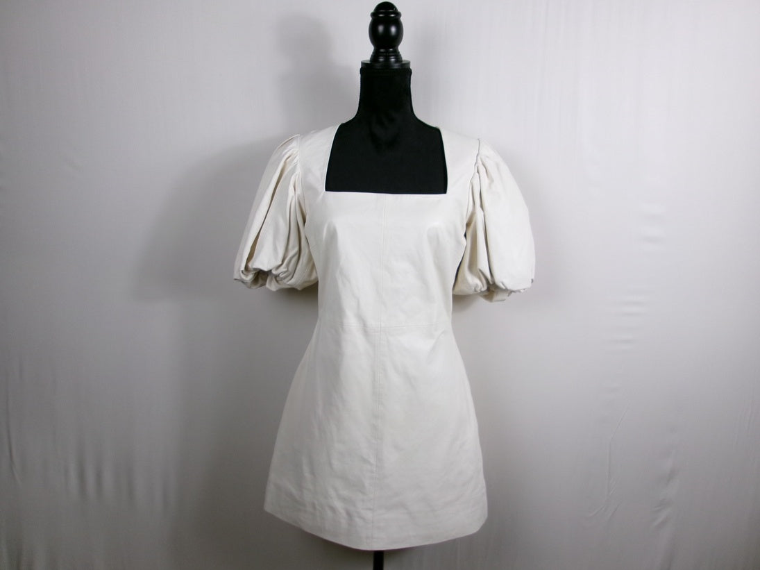 FRAME Nina Puff Sleeve Leather Mini Dress – Bone – front