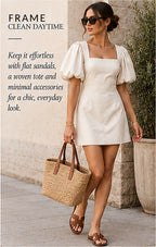 FRAME Nina Puff Sleeve Leather Mini Dress – Bone – styled editorial look 1