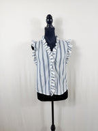 FRAME Striped Ruffle Sleeveless Blouse – Blanc Multi – front