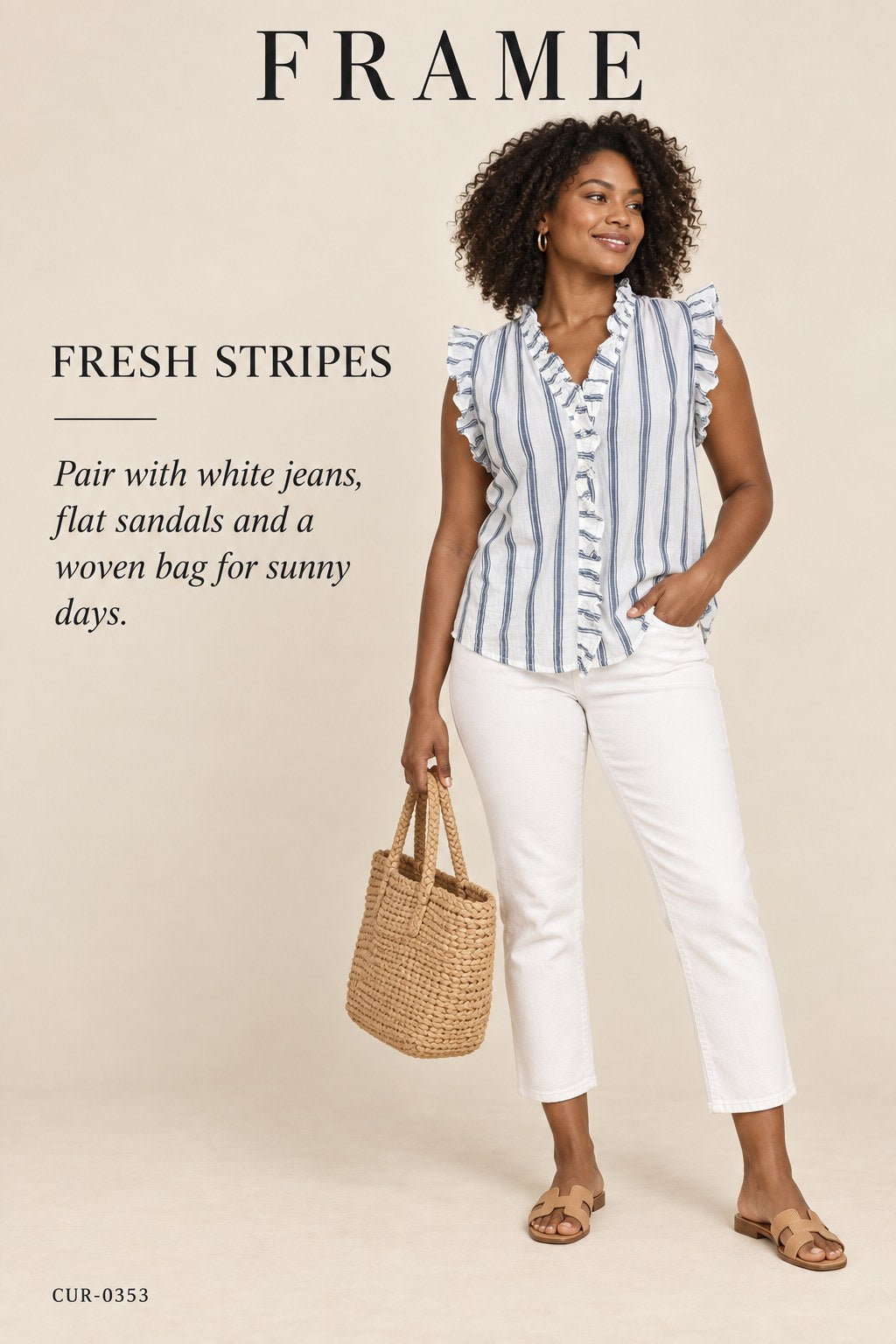 FRAME Striped Ruffle Sleeveless Blouse – Blanc Multi