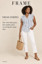 FRAME Striped Ruffle Sleeveless Blouse – Blanc Multi – styled editorial look 1