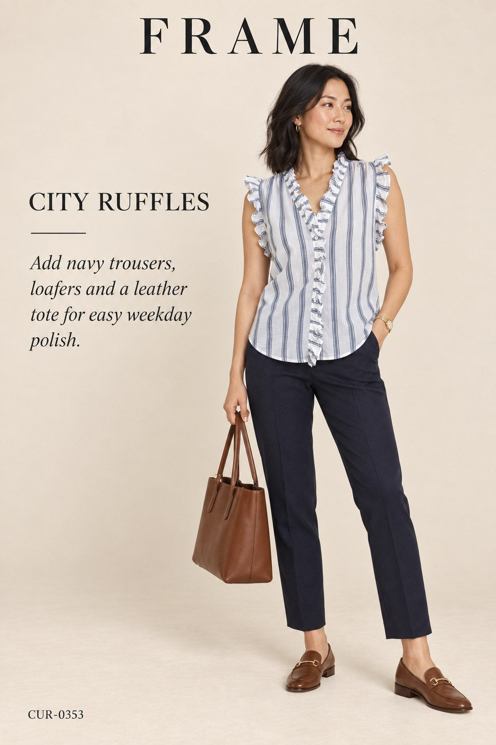 FRAME Striped Ruffle Sleeveless Blouse – Blanc Multi – styled editorial look 2