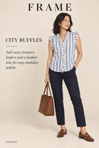 FRAME Striped Ruffle Sleeveless Blouse – Blanc Multi – styled editorial look 2
