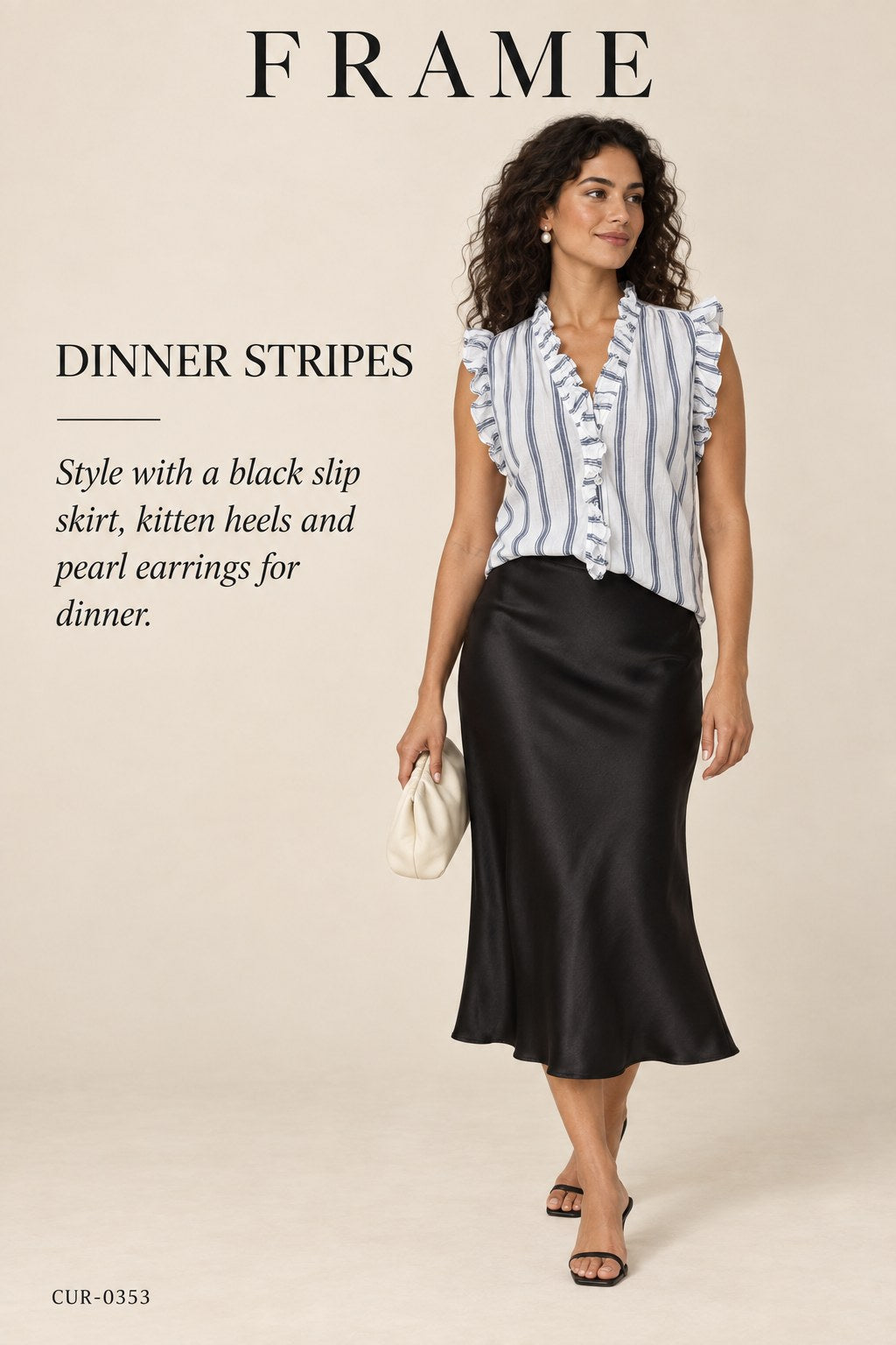 FRAME Striped Ruffle Sleeveless Blouse – Blanc Multi – styled editorial look 3