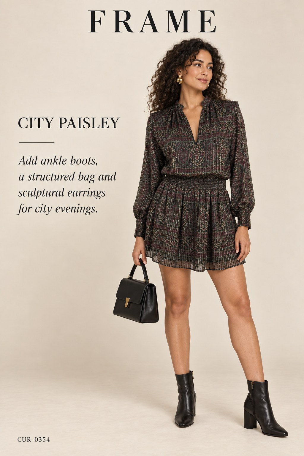 FRAME Paisley Party Dress – Deep Moss Multi – styled editorial look 2