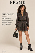 FRAME Paisley Party Dress – Deep Moss Multi – styled editorial look 2