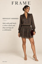 FRAME Paisley Party Dress – Deep Moss Multi – styled editorial look 3