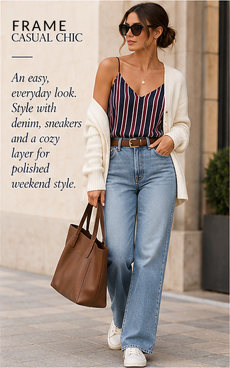 FRAME Classic Cami — Navy Multi – styled editorial look 1
