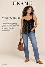 FRAME Velvet Cami – Gold – styled editorial look 1
