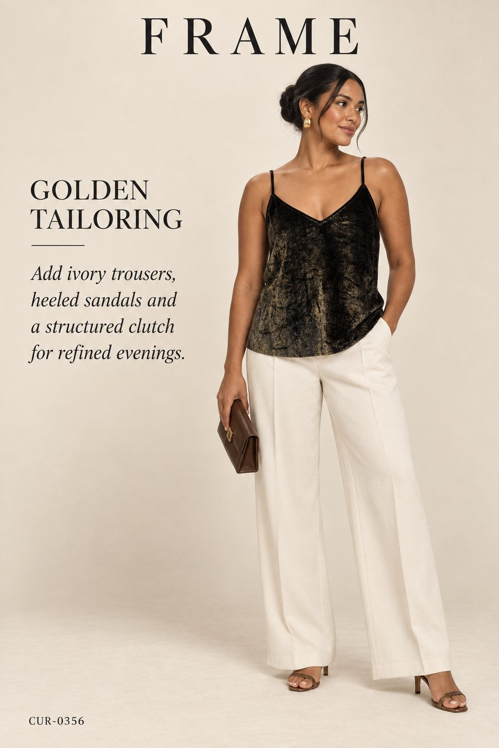 FRAME Velvet Cami – Gold – styled editorial look 2