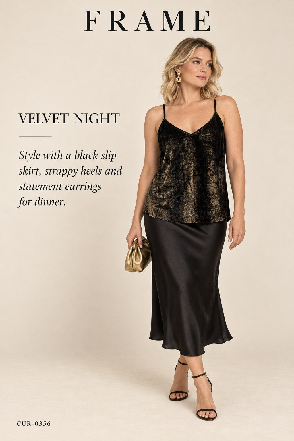 FRAME Velvet Cami – Gold – styled editorial look 3