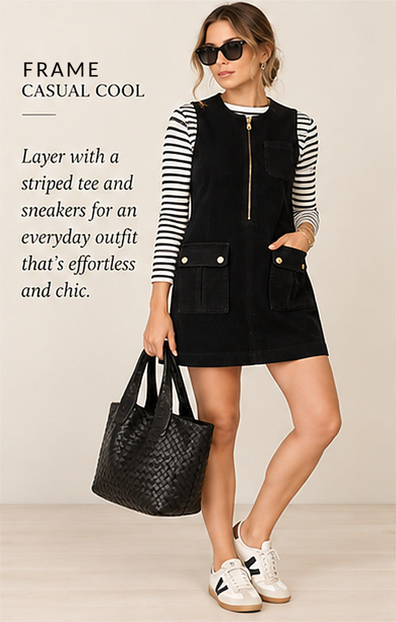 FRAME Le Cord Corduroy Mini Dress — Navy – styled editorial look 1