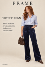 FRAME Le Slim Palazzo Modernist Pocket Jean – Navy Velvet – styled: Velvet in Town