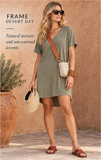 FRAME Le V Mini Pima Cotton T-Shirt Dress – Washed Military – styled editorial look 1