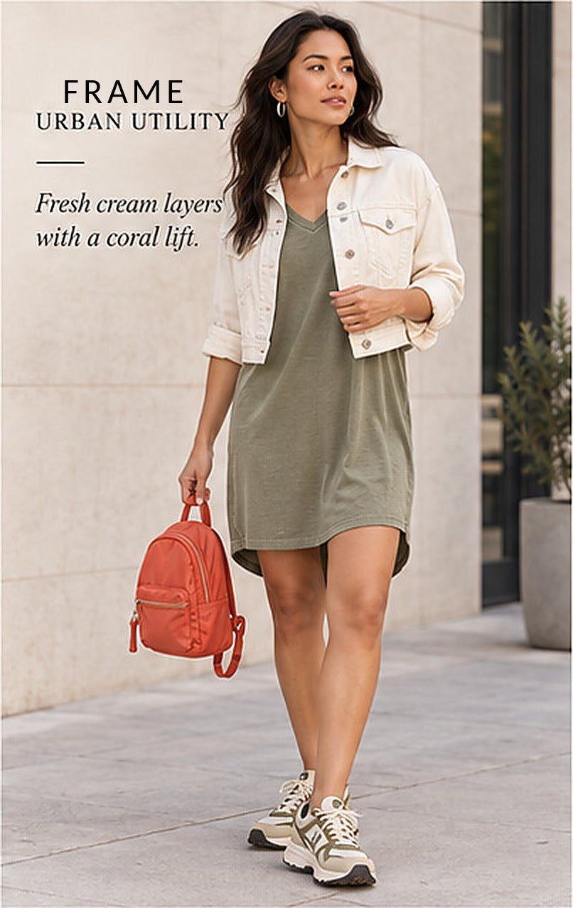 FRAME Le V Mini Pima Cotton T-Shirt Dress – Washed Military – styled editorial look 2