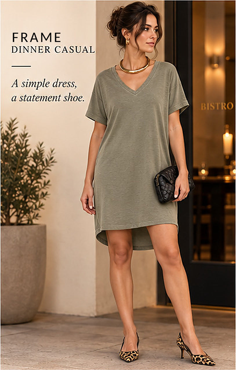 FRAME Le V Mini Pima Cotton T-Shirt Dress – Washed Military – styled editorial look 3