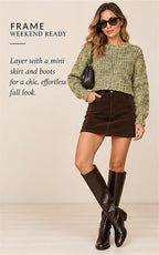 FRAME Cropped Marl Crewneck Sweater — Flash Lime Multi – styled editorial look 3