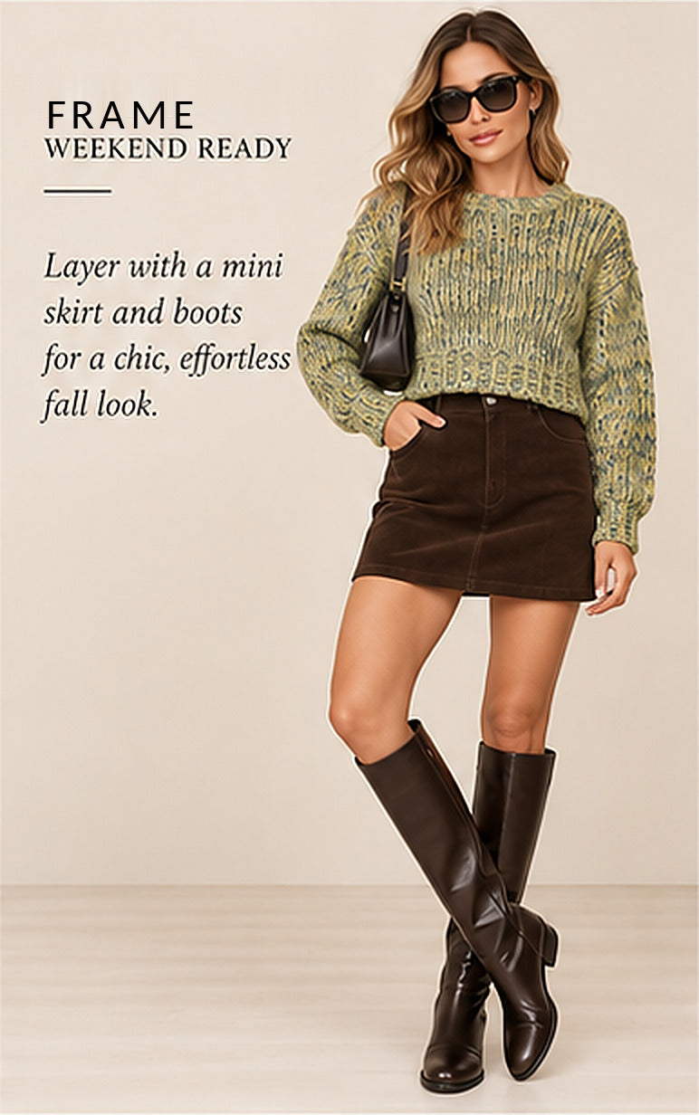 FRAME Cropped Marl Crewneck Sweater — Flash Lime Multi – styled editorial look 3