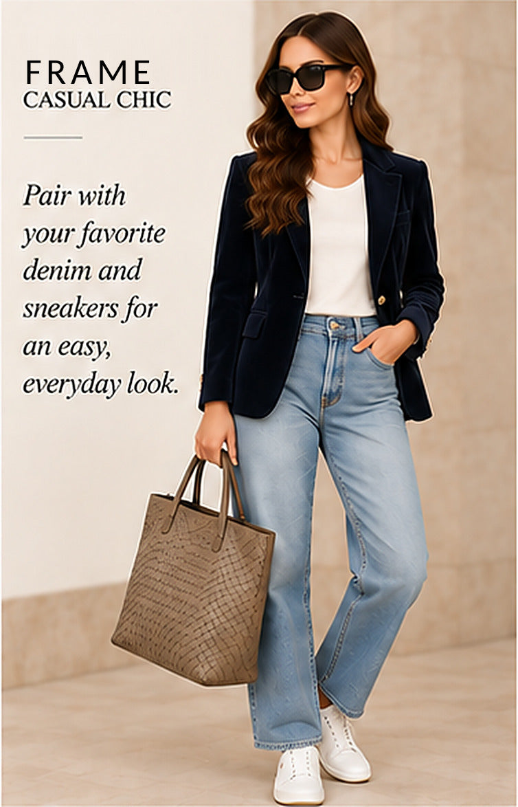 FRAME Velvet Mod Blazer / Atelier – Navy – styled editorial look 1