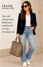 FRAME Velvet Mod Blazer / Atelier – Navy – styled editorial look 1