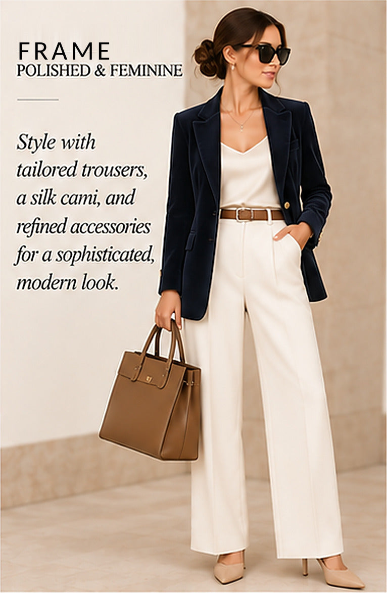 FRAME Velvet Mod Blazer / Atelier – Navy – styled editorial look 2