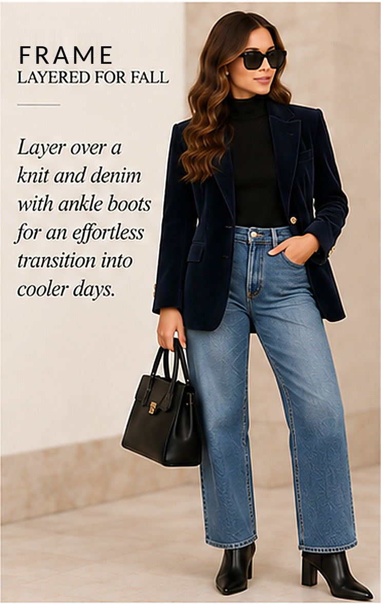 FRAME Velvet Mod Blazer / Atelier – Navy – styled editorial look 3
