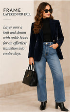 FRAME Velvet Mod Blazer / Atelier – Navy – styled editorial look 3