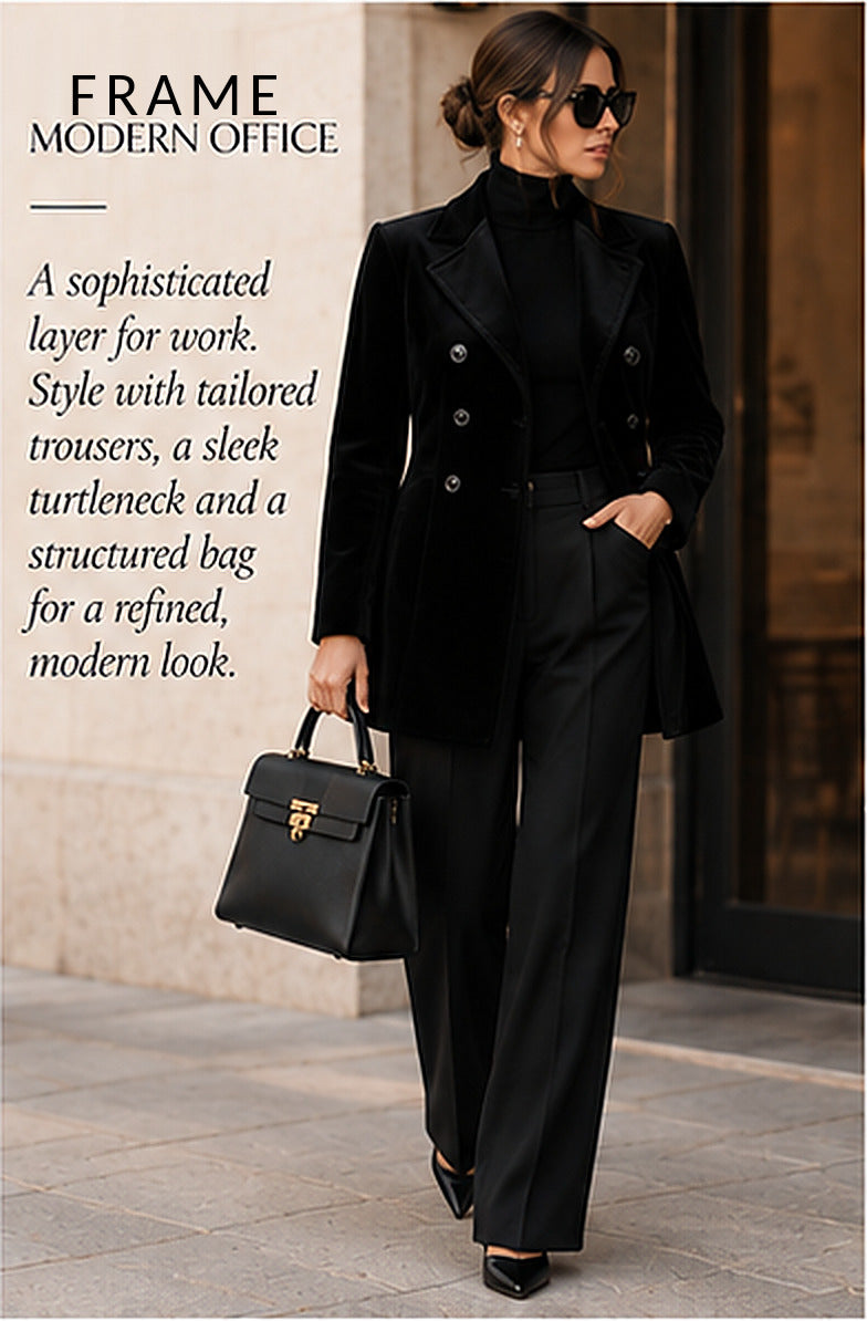 FRAME Long Double-Breasted Velvet Peacoat – Noir – styled editorial look 2