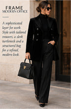 FRAME Long Double-Breasted Velvet Peacoat – Noir – styled editorial look 2