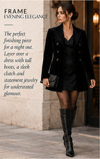 FRAME Long Double-Breasted Velvet Peacoat – Noir – styled editorial look 3